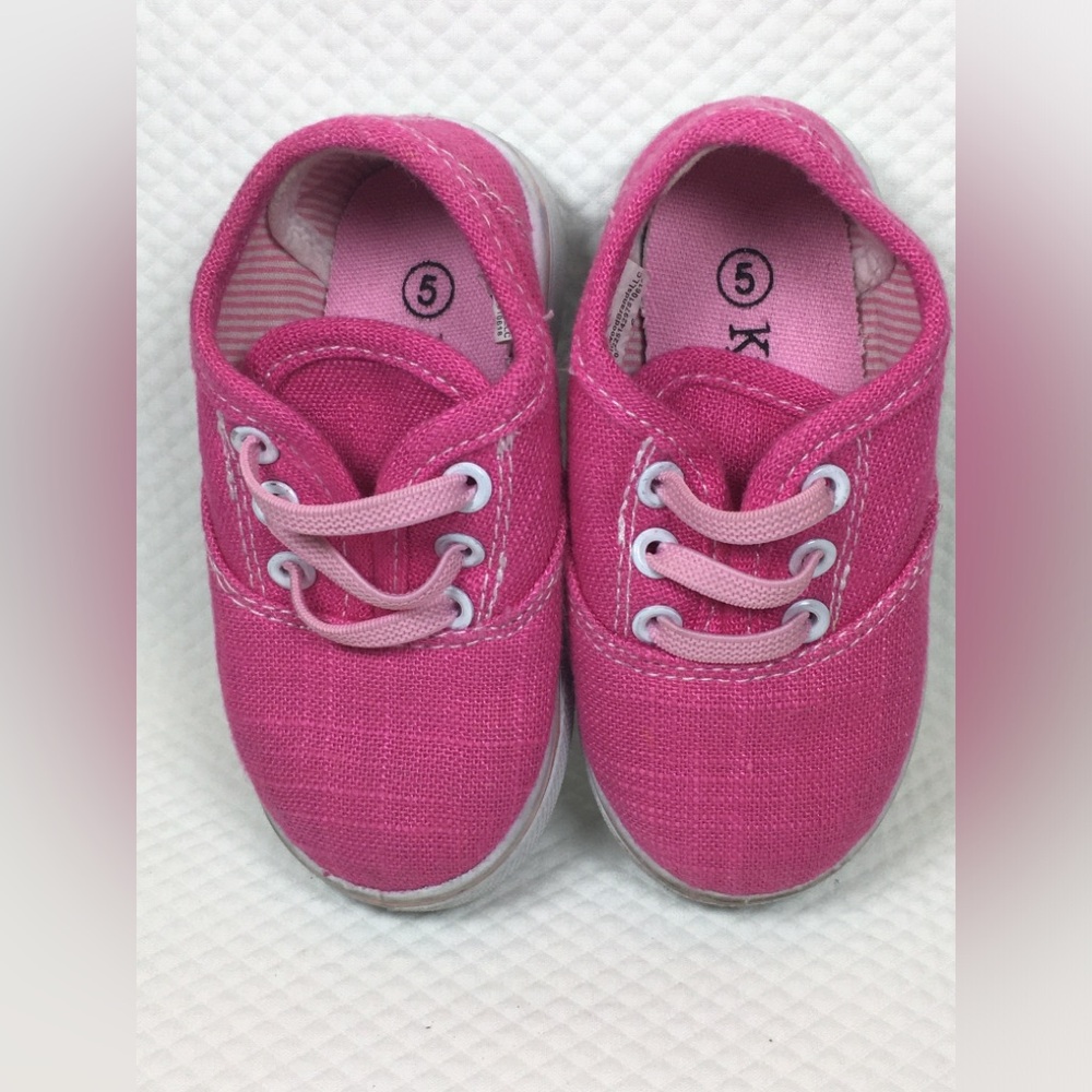 Kids Girls Sz 5 Tennis Shoe canvas Pink Laced Stretch Checkered Lined Kidsgets